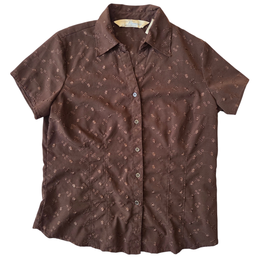 Brown Short-Sleeve Eyelet Button-Front Blouse